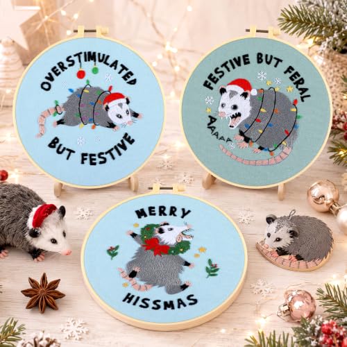 Image of Mindsoft 3 Set Needlepoint Kit for Beginners with Hoop,Christmas Possum
