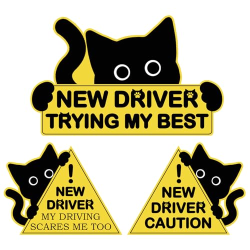 3Pcs Black Cat New Car Driving Magnets Funny New Driver Magnet for Car Please Be Patient Safety Warning Signs for Student Driver Moderate Size & Long Service Life