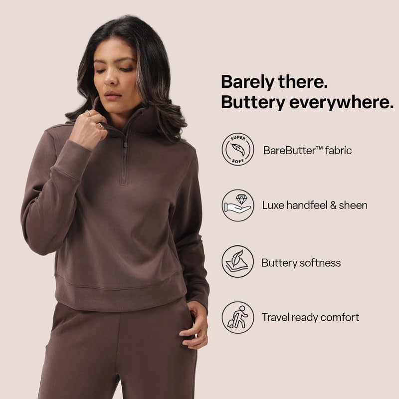Image of BlissClub BareButter Pullover with Zip Marshmallow Comfort Relaxed fit Funnel Neck Cuffed Sleeve Luxurious Feel