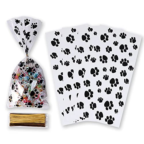 MaoNativey 100 Pieces Pet Paw Print Treat Bags Puppy Dogs Cellophane Bags Candy Gift Bags with 100 Pieces Twist Ties for Pet Treat Party Favor