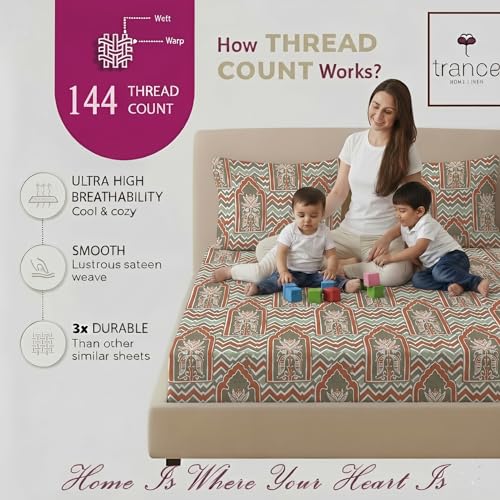 Image of Trance Home Linen 100% Cotton 144TC Elastic Fitted Bedsheet | Printed King Bed Size Elasticated Fitted Bedspread with 2 Pillow Covers (King 78x72 inch, Mihrab Green)