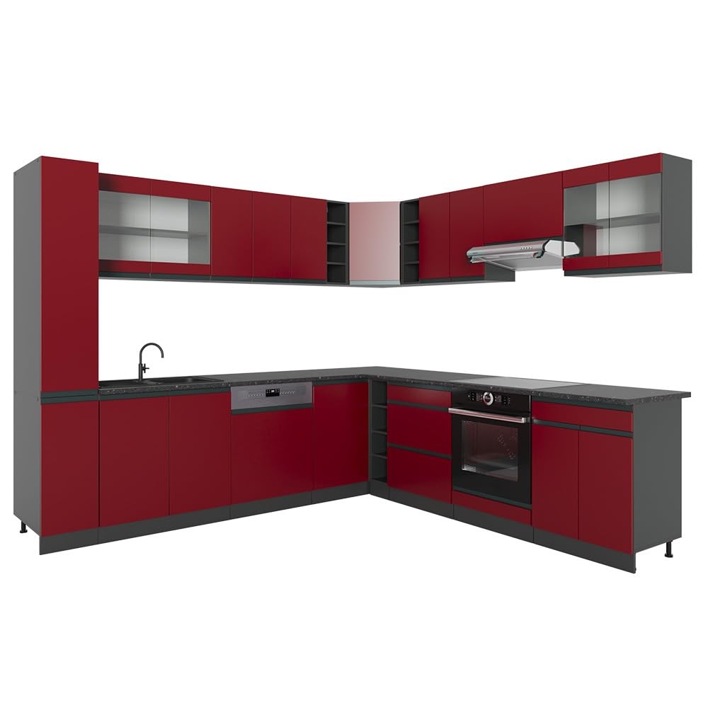 Vicco Cucina angolare completa R-Line, Rosso/Antracite, 277 x 257 cm