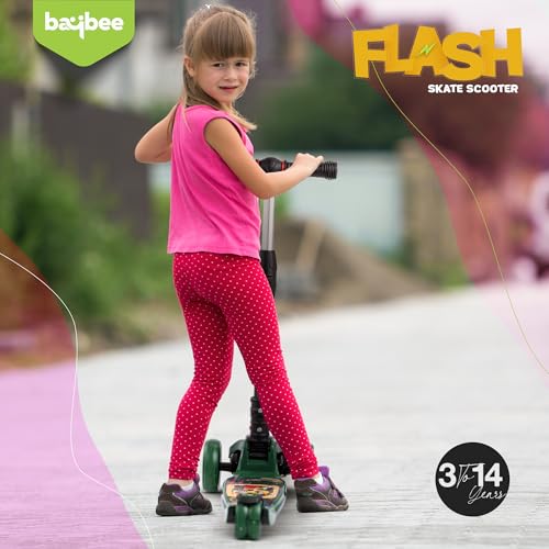 Image of Baybee Flash Kick Scooter for Kids | Smart Foldable 3 Wheel Kids Scooter with 4 Height Adjustable, LED PU Wheels & Brake | Skating Scooters Upto 75 Kg Capacity | Skate Scooters for Kid (Dark Green)