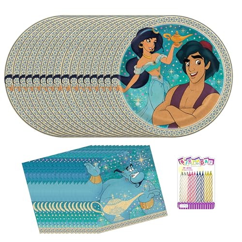 Aladdin Lot de fournitures de fête pour 16 invités – Assiettes à dessert et serviettes de table de 17,8 cm, comprend 24 bougies d'anniversaire