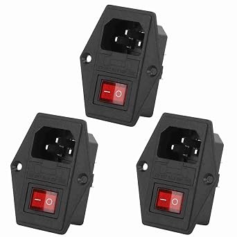 3 Pin Power Socket Switch, AC 16A 250V Inlet Module Plug Fuse Switch, Brass Contact Rocker Switch, IEC320 C14 Male Power Socket w Switch 3 PACK