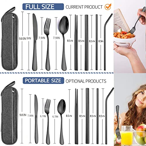 Travel Reusable Utensils Silverware With Case,Camping Cutlery Set,Chopsticks And Straw For Camping, Portable Flatware Cutlery Set With Case, Stainless Steel Travel Utensil Set 8 Piece Af(Black） #TOP1