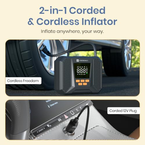 Image of Portronics Vayu Neo 2-in-1 Corded & Cordless Tyre Inflator, 150 PSI, 3x2000mAh Battery, Digital Display, Auto Shut-Off, Type-C Charging & LED Light for Car, Bike, Cycle & Balls (Black)