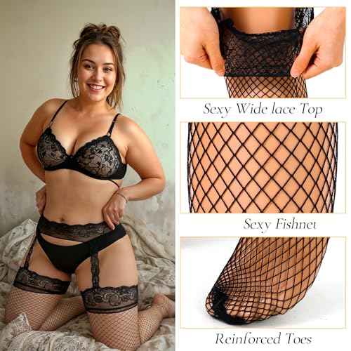 Thigh High Stockings Plus Size, Lace Top Plus Size Fishnet Stockings for Women,Suspender Pantyhose Thigh Highs Fishnet for Curvy Women,Large Valentine's Day Dress (Black)3