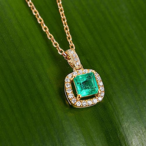 Carleen 14K Solid Yellow Gold May Birthstone 0.38CT Square Green Emerald 0.1CTTW White Diamond Small Dainty Multi-Gemstone Halo Pendant Necklace Fine Jewelry Valentines Day Gifts for Women, 18 Inch4