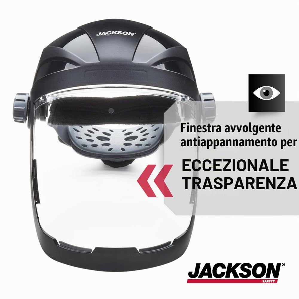 JACKSON SAFETY 14230 Quad 500 Premium Multi-Purpose Face shield/Face Guard; Ratcheting Headgear, Clear Tint, Anti-Fog Coating, visor face protection with 5 IR rated Flipshade