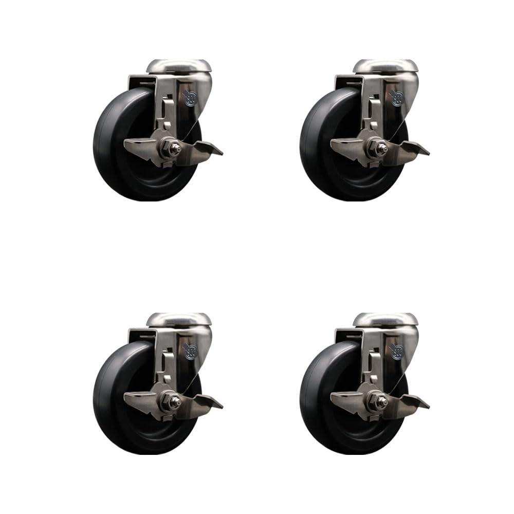 Polyolefin Swivel Bolt Hole Caster Set of 4 with 4 Inch Black Caster Wheels - 316 Stainless Steel Casters -Includes 4 Swivel Casters with Top Lock Brakes-1,400 lbs. Total Capacity-Service Caster Brand
