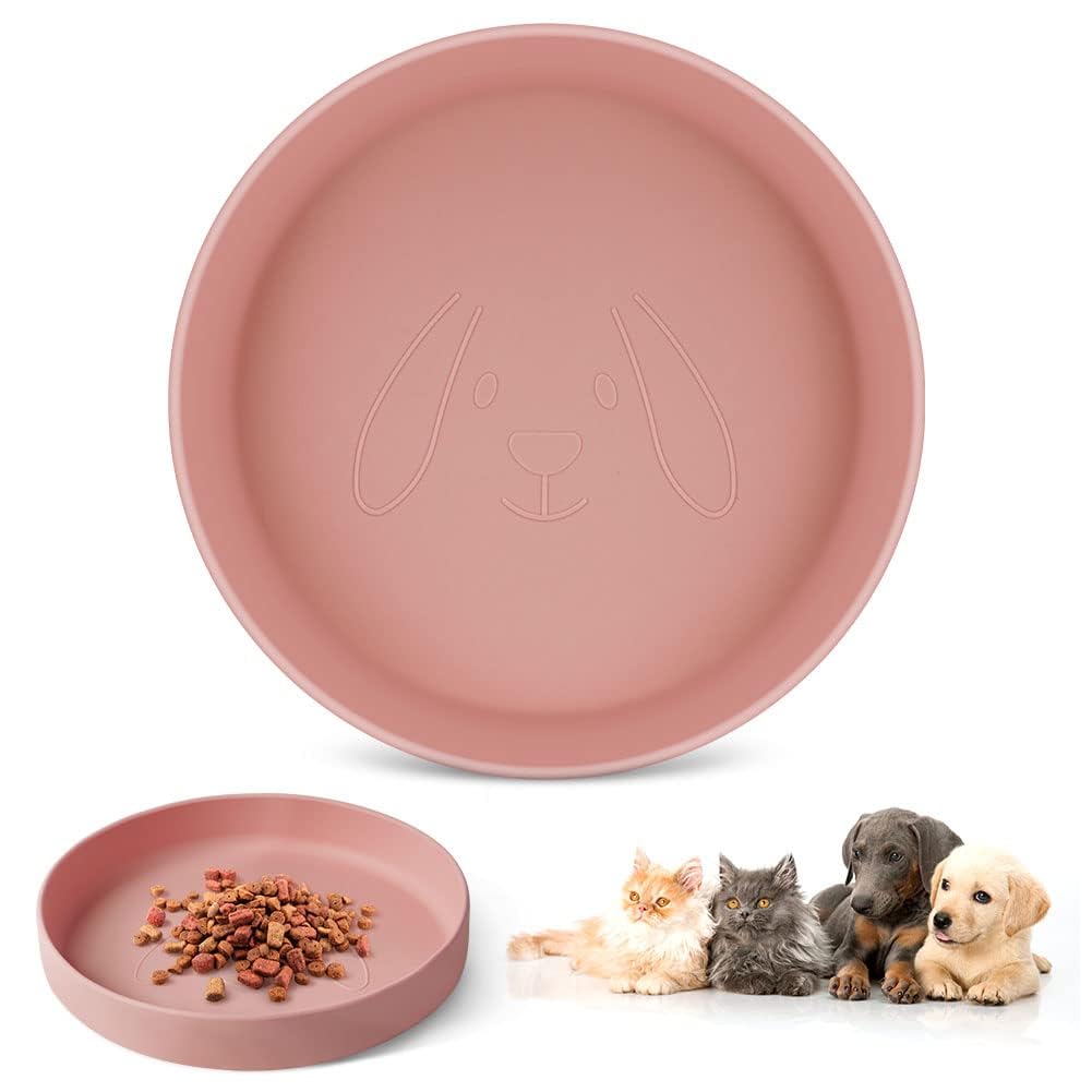 Adiwo Multifunctional Flat Food Bowls for Cat and Dog, Cat Bowl Anti-Slip, Whisker Friendly, Silicone Grade Shallow Cat Bowl Flat Wide - Dry & Wet Food, Water Bowl (Pink)