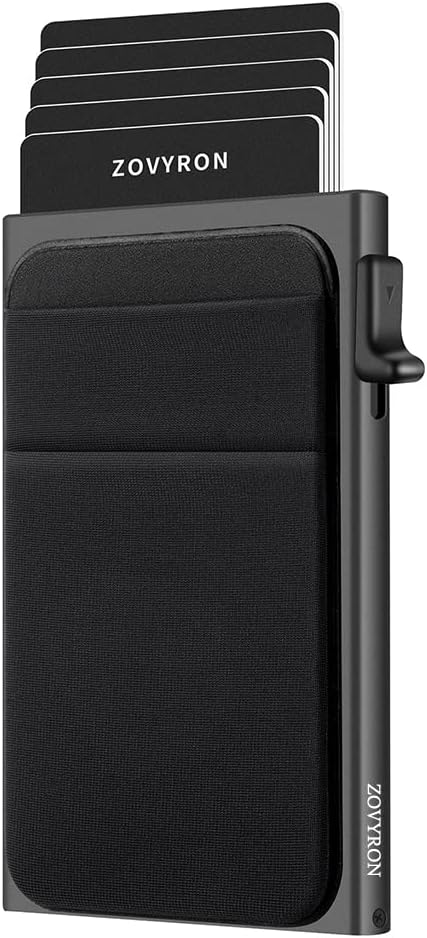 ZOVYRONSlim Pop Up Wallet Card Holder with Money Pocket,Minimalist Wallet for Men RFID Blocking Smart Wallet Metal Card Case, Black-A, Minimalist