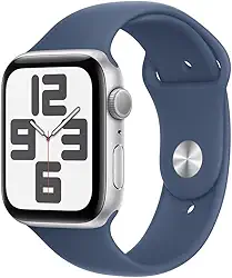 Apple Watch SE GPS • Caixa prateada de alumínio – 44 mm • Pulseira esportiva denim – P/M