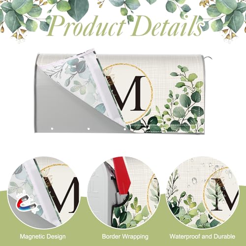 Image of Tiamon Monogrammed M Mailbox Covers Magnetic Eucalyptus Welcome Letter Box Wrap Standard Size 21x18 Inch Spring Summer Leaves Mailbox Decor Eucalyptus Letter Numbers Decoration for Outdoor Garden Yard