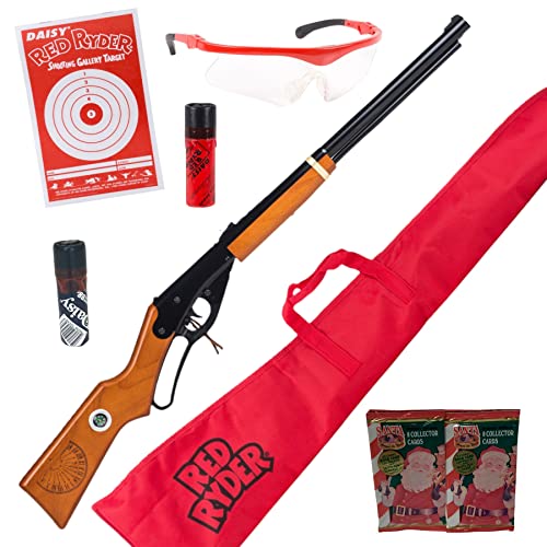 Bundle - 7 Items - Christmas Wish Edition Daisy Red Ryder BB Gun, Daisy Gun Sleeve, Daisy Shooting Glasses, 10 Daisy Targets, 2 Tubes Daisy 350 Ct BBS, Collector Santa Cards