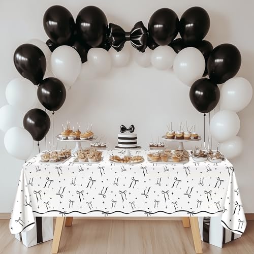 Image of Avezano 6 pcs Black Bow Tablecloths 108x54 inch Bow Birthday Decorations Black and White Bow Plastic Table Cover Disposable Bachelorette Party Supplies