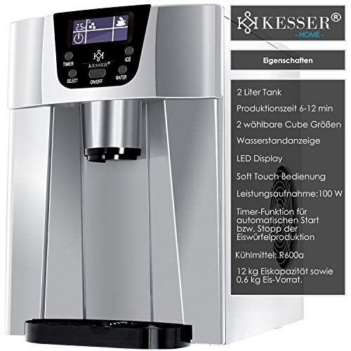 KESSER® Eiswürfelbereiter | Eiswürfelmaschine Edelstahl | 100W Ice Maker |12 kg 24 h |2 Würfelgrößen | Zubereitung in 6 min | 2 Liter Wassertank | Timer | LCD-Display | Wassertank, mit Zubehör Silber – Bild 3