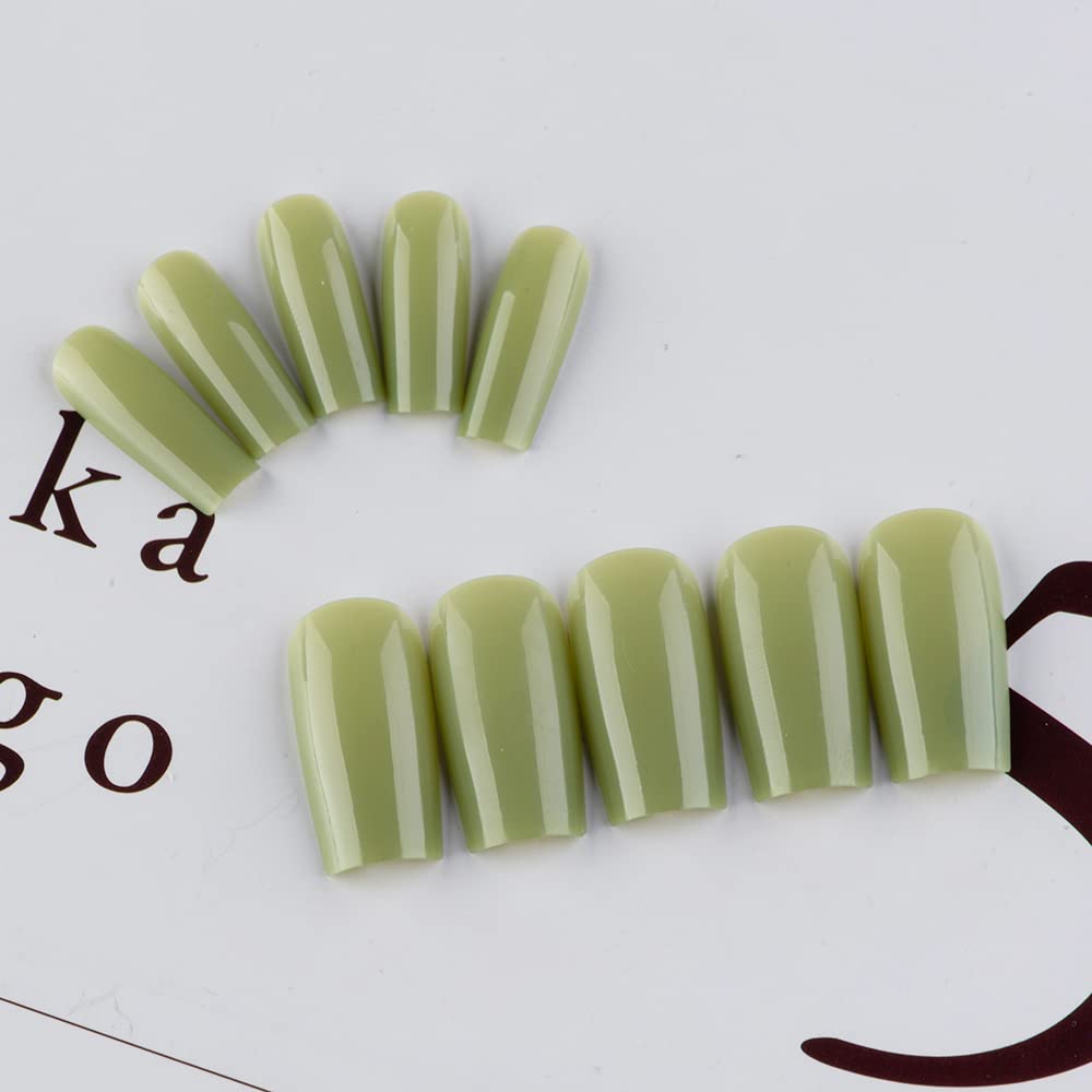 SXVME Olive Green Press on Nails Long Square, Acrylic False Nails Medium Coffin, Glossy Gel Fake Nails Press on - Image 4