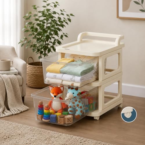 Image of URBAN LUXY Plastic Storage Drawer Organizer with Wheels | Multi-Purpose Chest of Drawers for Home, Office & Bedroom | Clothes, Toys & Stationery Organizer ((Ivory & Brown), 2 Layer)