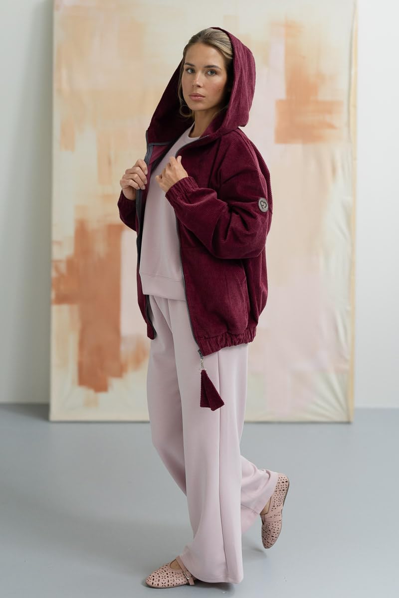 fun2bemum Cordjacke 3 in 1 Tragejacke Baby Umstandsjacke Oversize Herbstjacke für Mama mit Babytrage aus Baumwolle mit Einsatz (Standard, Cherry)