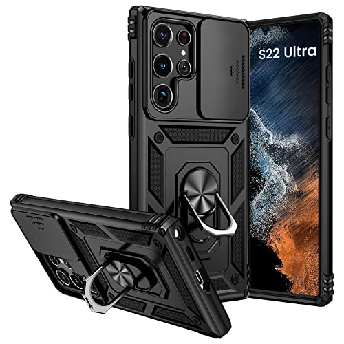 Goton for Samsung Galaxy S22 Ultra Case with Slide Camera Cover,Magnetic Ring Kickstand Military Grade Heavy Duty Protective for Car Mount Holder (Black)