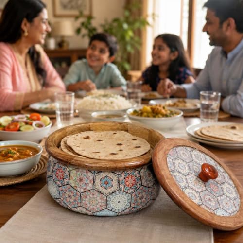 Image of The Earth Store Premium Wooden Medina Casserole for Roti - 1600ML Handcrafted Mango Wood with Resin Art Roti Casserole | Elegant Wooden Roti Box | Chapati Box for Dining & Gifting