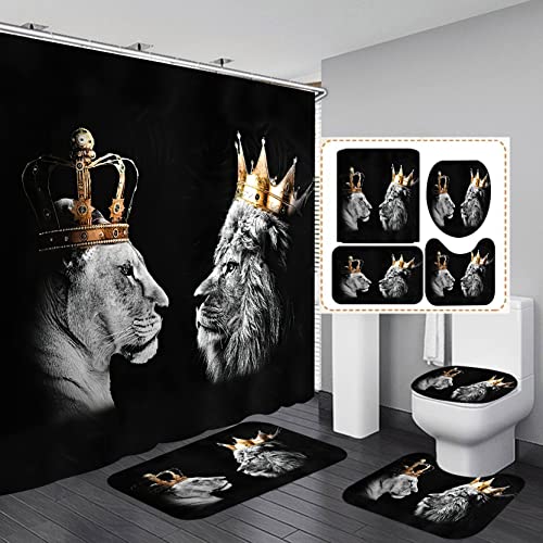 RinRinfam 4Pcs Wild Lion Shower Curtain Set, Crown African Leo Tiger Couple Curtain with Non-Slip Rug,Toilet Lid Cover,U Shape Mat,Waterproof Shower Curtain with 12 Hooks Bathroom Decor Sets,Black