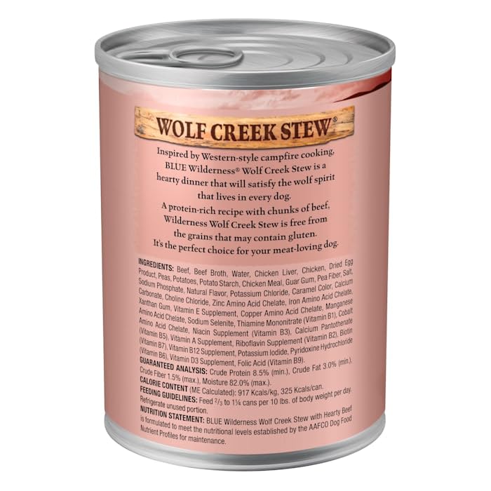Blue Buffalo Wilderness Wolf Creek Stew with Hearty Beef in Gravy Adult Wet Dog Food, High-Protein & Grain-Free Recipe, 30g Protein, Made with Natural Ingredients, 12.5-oz. Cans (12 Count)