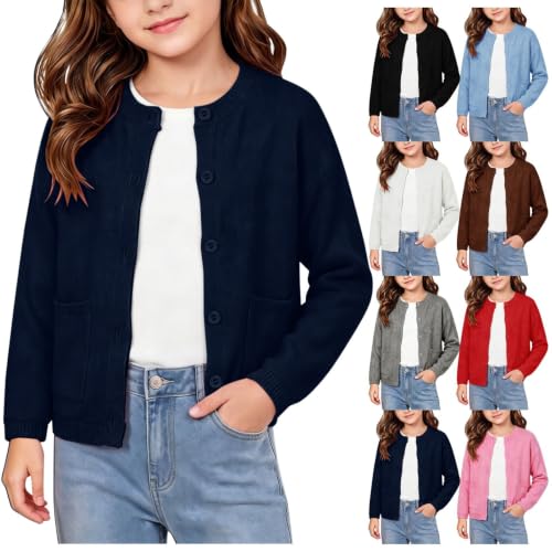 Girls Cardigan Sweater Kids Button Up Knit Crewneck Sweaters Navy 7-8 T - image 1