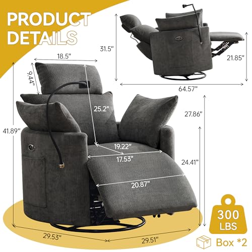 Image of Power Recliner Chairs, 360 Swivel Rocking Chair Nursery with USB /Type-C & Phone Holder, Gilder Reclining Chair with Side Pocket for Adults, Barrel Recliners for Living Room, Chenille Dark Grey