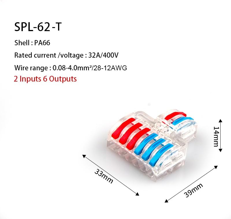 TSPL-42/62 Fast Wire Connectors Wiring Cable Wiring Connection Lighting Push-in Terminal Block LED 2 in 4/6 (SPL-62-T,50Pcs)