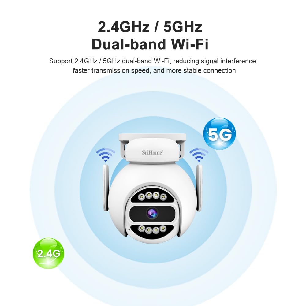 SRIHOME SH047 4MP dwuzakresowa sieć WiFi, kamera monitorująca PTZ, śledzenie ruchu, noktowizor, wodoodporny IP66, 2-drożny dźwięk, ochrona prywatności, do użytku wewnątrz/na zewnątrz