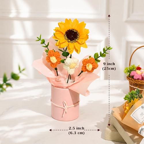 Image of Art Street Handmade Crochet Flower Bouquet with Sunflower | Orange & White Knitted Flowers with Green Leaves, Decorative Pot with Ribbon for Home Decor, Birthday, Anniversary