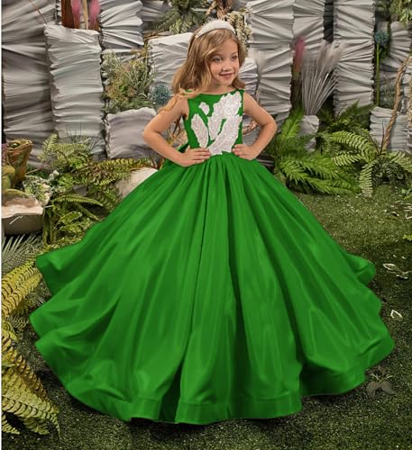 Satin Flower Girl Dresses for Wedding Cathedral Train Girls Pageant Dress with Bow Green, 82