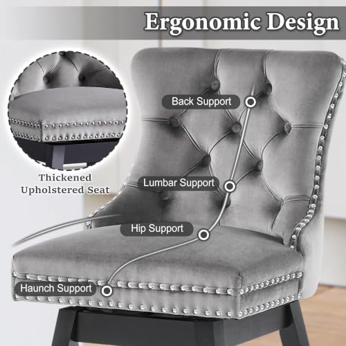 Image of Grey Swivel Bar Stools, Velvet Counter Height Bar Stools Set of 3 | 360 Swivel Bar Chairs, Solid Wood Legs, Upholstered Kitchen Island Stools, Modern Extra Wide Seat (Grey, 26 inch H, 3 Pack)