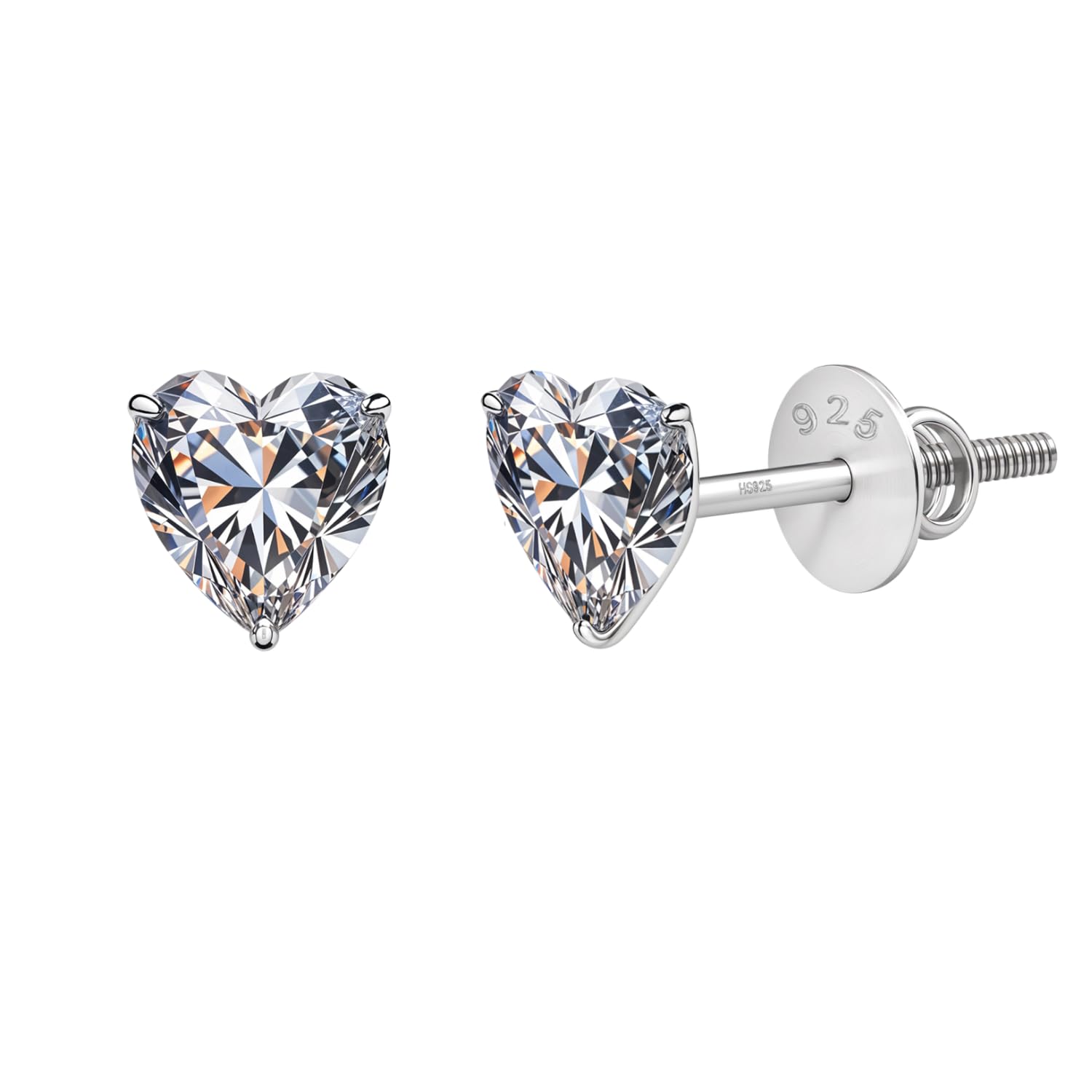 925 Silver Solitaire Screwback Stud Earrings | 92.5 Sterling Silver & Heart Brilliant Cubic Zirconia Tops for Men Women Boys & Girls