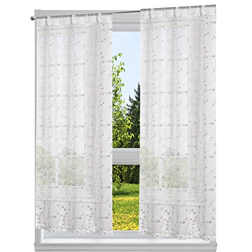Home Maison Floral Embroided Window Curtain Set, Cotton, White, 38x84, W 38" x L 84" (1 Panels)