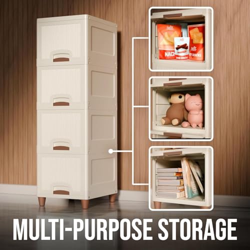 Image of Multi-Purpose Organizer | Modular Storage Box for Clothes, Kitchen, Bedroom & Living Room | Stackable Rack, Space-Saving Wardrobe Cabinet (Off White), 4 Piece, 33LX38WX107H cm Living Room Stackable