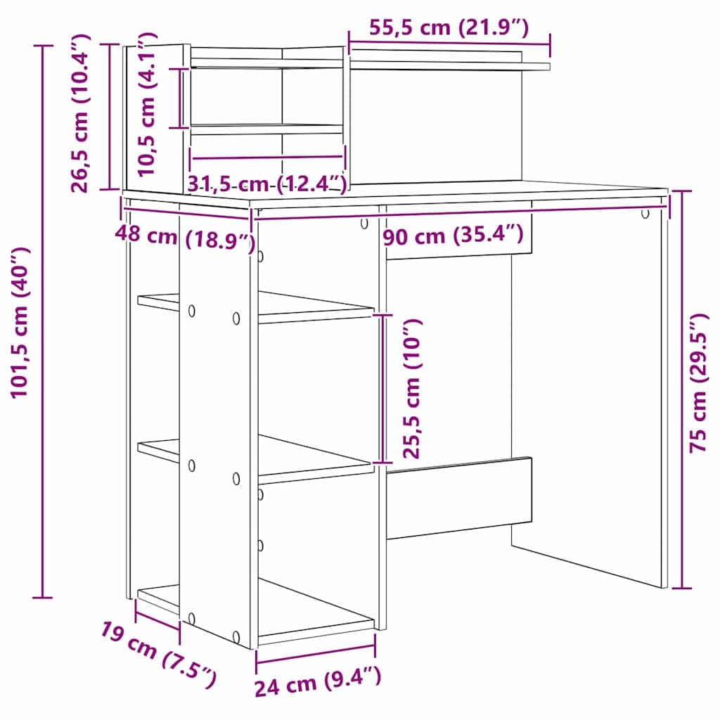 Scrivania in legno grigio cemento, 90 x 48 x 101,5 cm, con 4 ripiani, moderna scrivania da ufficio per casa e studenti, ideale come tavolo da lavoro e scrivania per computer in stile