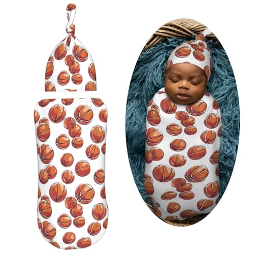 Image of Cartoon Basketball Ball Pattern Newborn Swaddle Blankets Hat Sets Soft Baby Receiving Blanket Swaddle Sack for Baby Shower Infant Boy Girl Gift