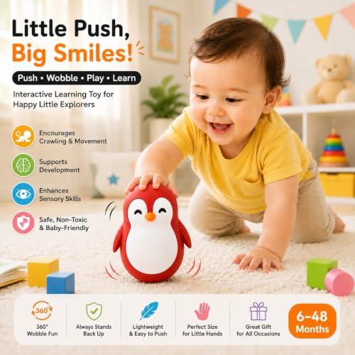 Image of Penguin Roly-Poly Toy, Wobble and Tumble Stress Relief Fidget, Fun Desk Toy for Kids and Adults (Red and White)