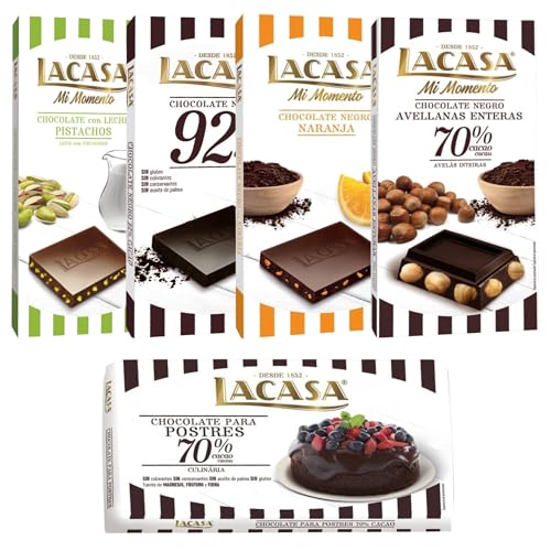 Pack Lacasa 5 deliciosas tabletas de chocolate de distintos sabores y tamaños: naranja ,leche pistacho 90g ,cacao 92% ,culinaria200g, avellana 200g