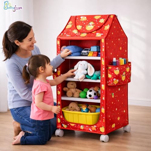 Image of Multipurpose Baby Wardrobe Organizer with 4 Shelves | Baby Clothes Organizer & Storage | Baby Almirah /Almera Plastic Cupboard for Clothes, Foldable (Unbreakable Material) | Cherry Red