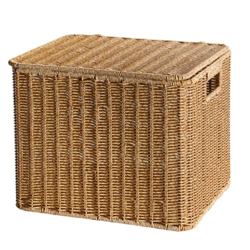 BHYGNVFIP(小さな店) 収納バスケット ふた付き 収納ボックス ラタンバスケット 衣類収納 特大 室内 ファッション 手作り 編み 玄関 寝室 洗面所 クローゼット (34*28.5*26cm)