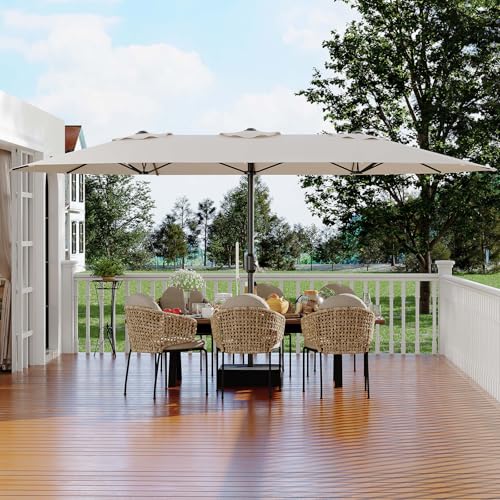 15FT Rectangular Patio Umbrella with Base Included - Large Patio Umbrella with Crank Handle, UV Protection for Outdoor Market, Backyard, Pool - Beige