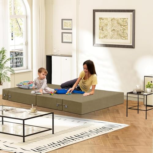 Image of Rosebell - One Seater Sofa Cum Bed, Foldable Sofa Bed 3 X 6 Feet, Jute Fabric- Washable Cover- Including 1 Cushion Perfect for Home & Office - Golden-Color