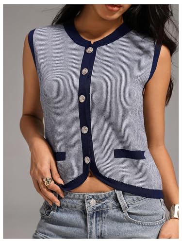 Image of GORGLITTER Women's Striped Button Up Cropped Sweater Vest Sleeveless Knit Vest Tops 2025 Trendy Outfits