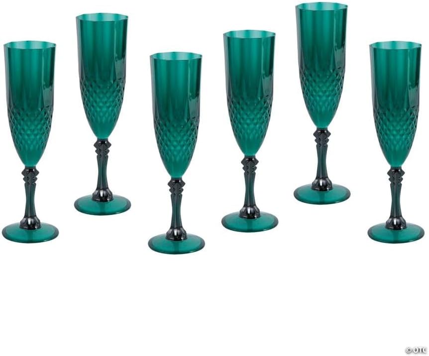 Fun Express 8 oz. Bulk 48 Count Christmas Green Patterned Reusable Plastic Champagne Flutes