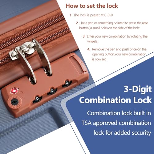 3-Piece Expandable Hard Shell Luggage Set - Lightweight ABS Suitcases with Approved Lock (20/24/28inch, Inky Blue)3